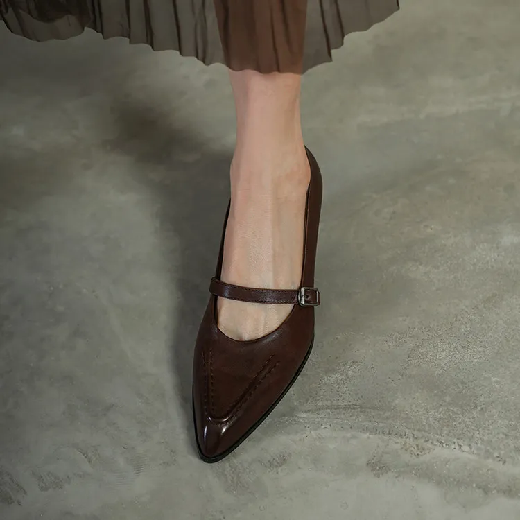 Spring single shoes, pointed toe, chunky heel, buckle, elegant cowhide leather women's shoes, 3-14k