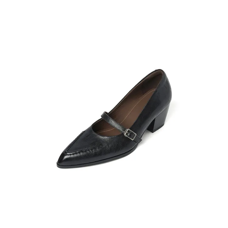 Spring single shoes, pointed toe, chunky heel, buckle, elegant cowhide leather women's shoes, 3-14k