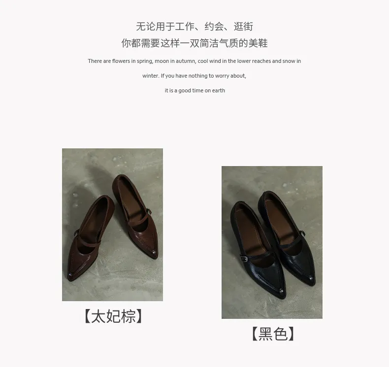 Spring single shoes, pointed toe, chunky heel, buckle, elegant cowhide leather women's shoes, 3-14k