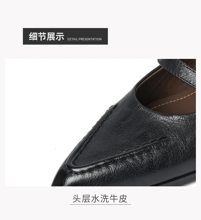 Spring single shoes, pointed toe, chunky heel, buckle, elegant cowhide leather women's shoes, 3-14k