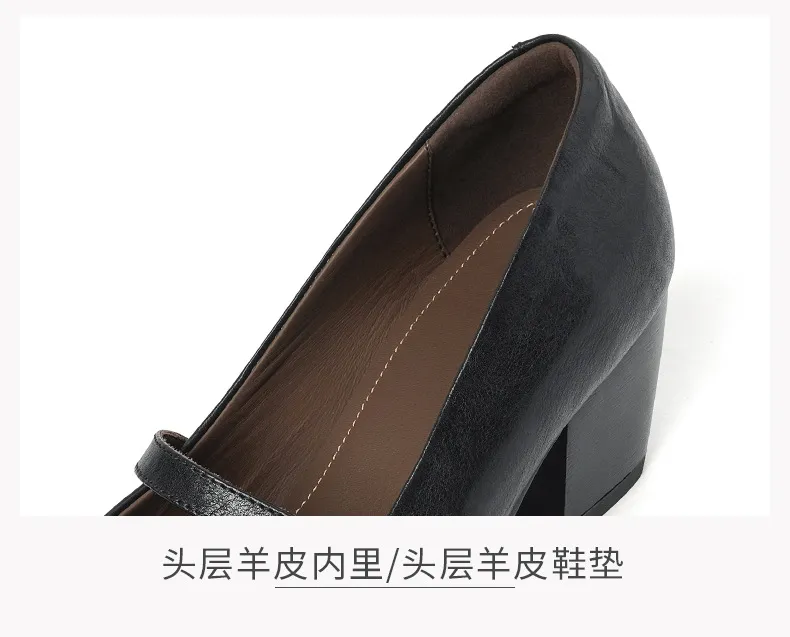 Spring single shoes, pointed toe, chunky heel, buckle, elegant cowhide leather women's shoes, 3-14k