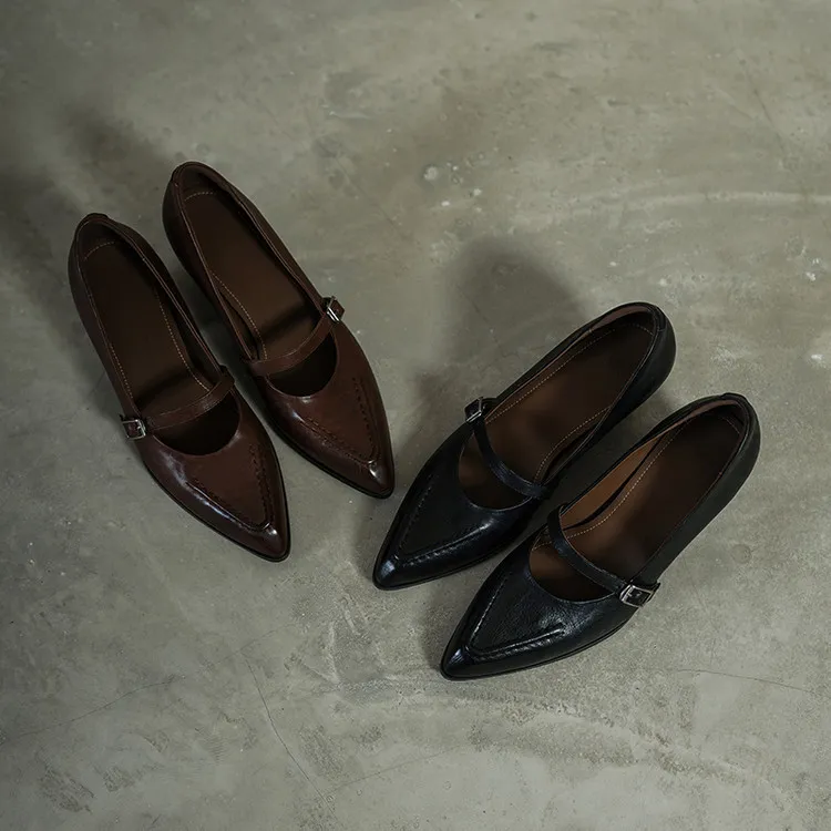Spring single shoes, pointed toe, chunky heel, buckle, elegant cowhide leather women's shoes, 3-14k