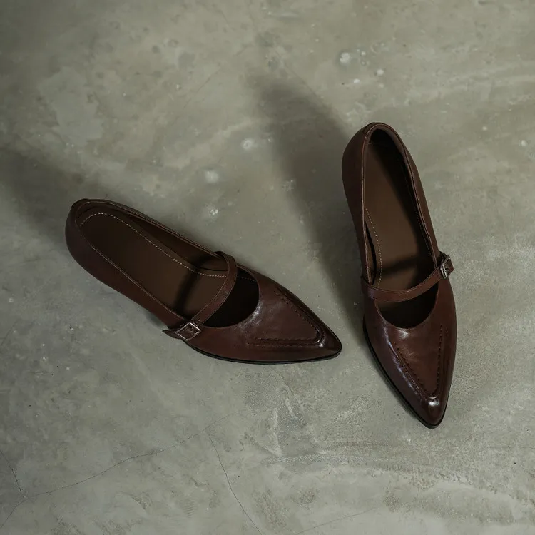Spring single shoes, pointed toe, chunky heel, buckle, elegant cowhide leather women's shoes, 3-14k