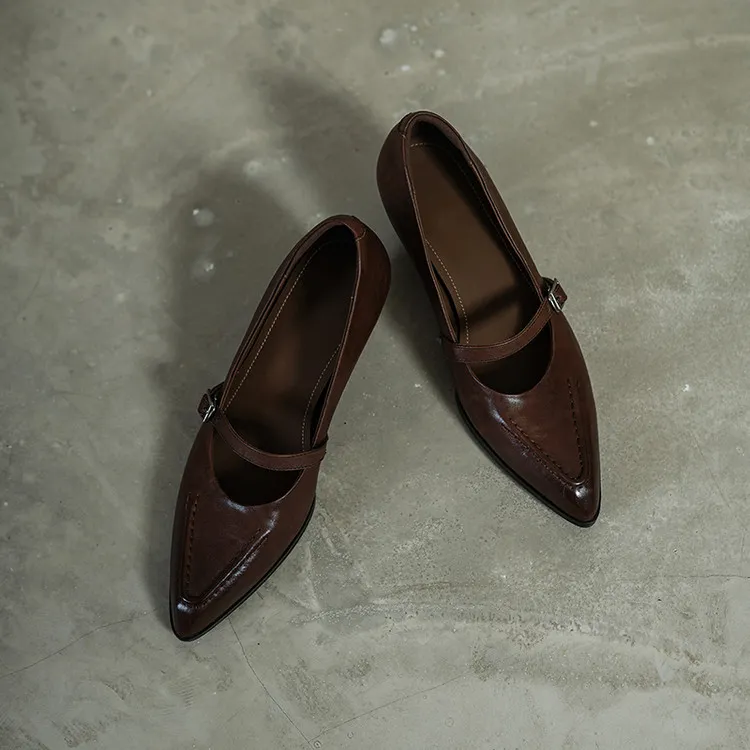 Spring single shoes, pointed toe, chunky heel, buckle, elegant cowhide leather women's shoes, 3-14k