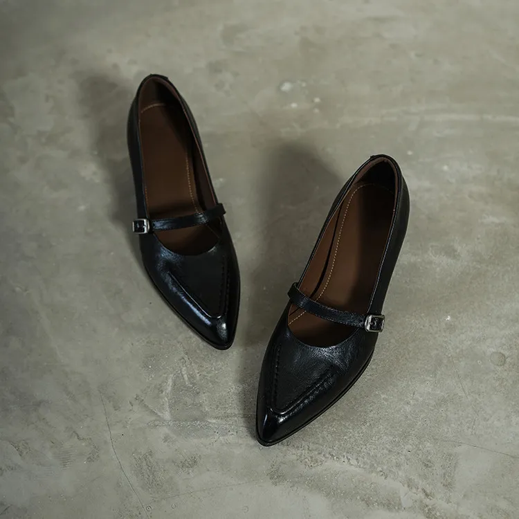 Spring single shoes, pointed toe, chunky heel, buckle, elegant cowhide leather women's shoes, 3-14k
