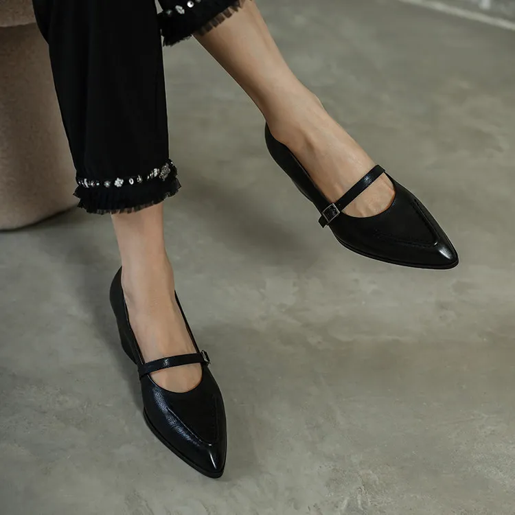 Spring single shoes, pointed toe, chunky heel, buckle, elegant cowhide leather women's shoes, 3-14k