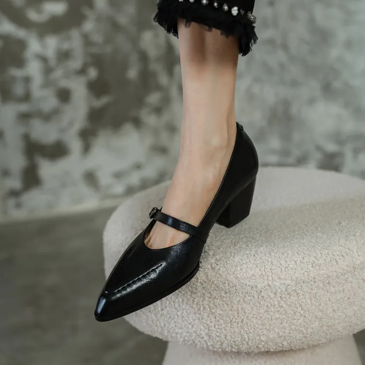Spring single shoes, pointed toe, chunky heel, buckle, elegant cowhide leather women's shoes, 3-14k