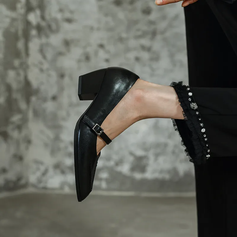 Spring single shoes, pointed toe, chunky heel, buckle, elegant cowhide leather women's shoes, 3-14k