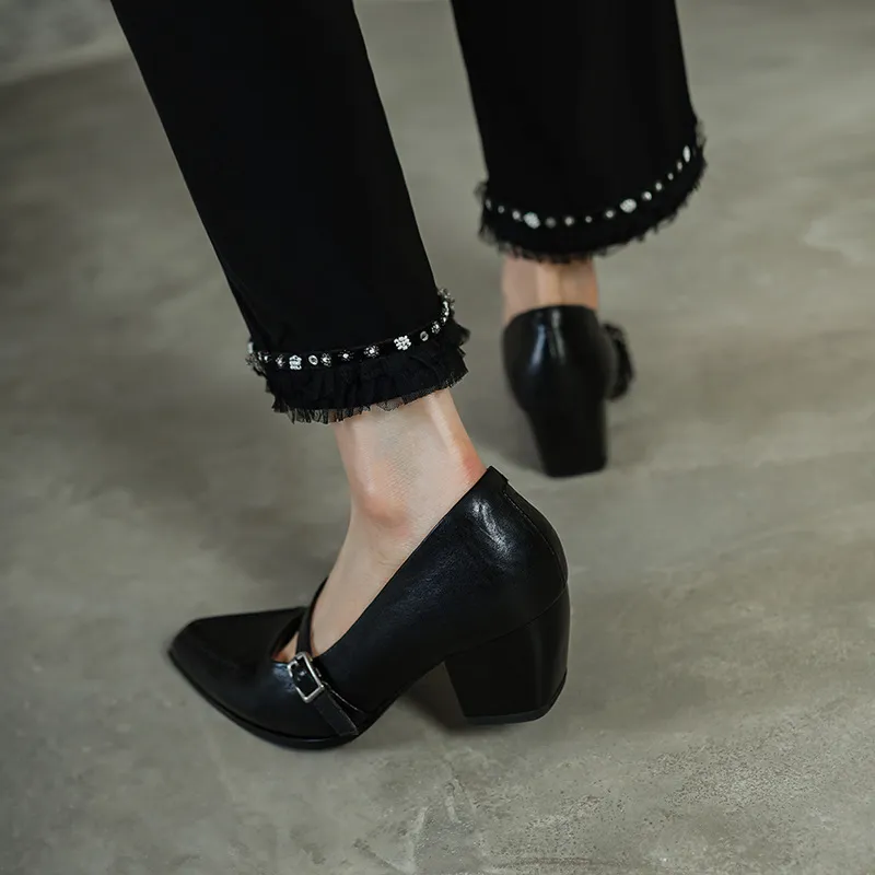 Spring single shoes, pointed toe, chunky heel, buckle, elegant cowhide leather women's shoes, 3-14k