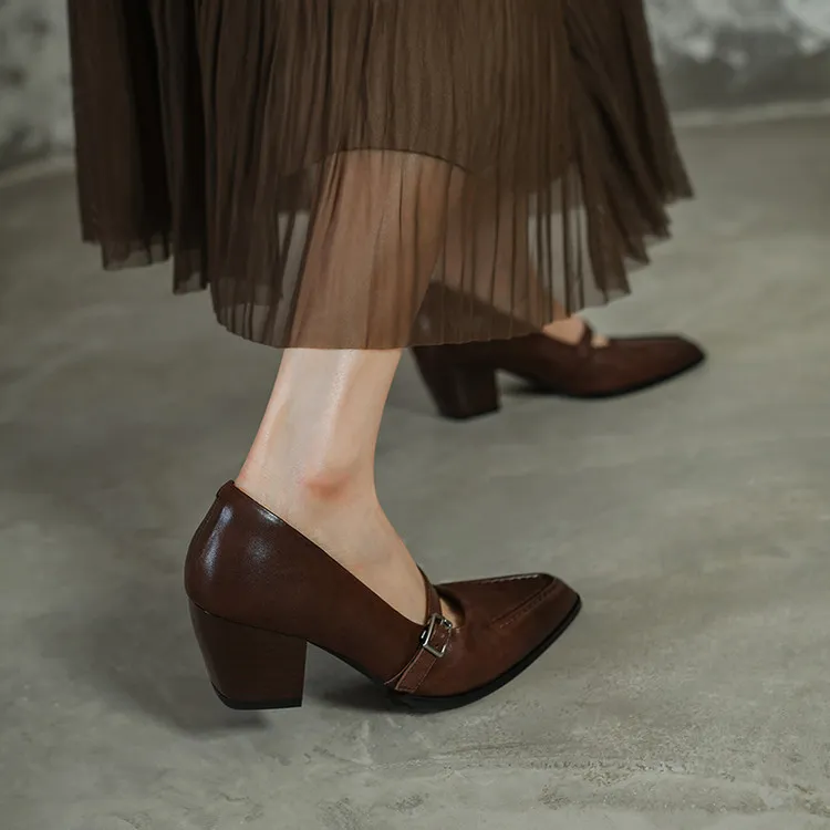 Spring single shoes, pointed toe, chunky heel, buckle, elegant cowhide leather women's shoes, 3-14k