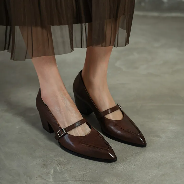 Spring single shoes, pointed toe, chunky heel, buckle, elegant cowhide leather women's shoes, 3-14k