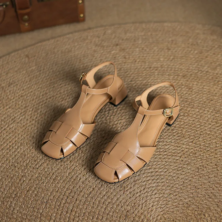 Summer sandals, round toe, chunky heel, high heel, buckle, fashion leather women's shoes, 3-12q