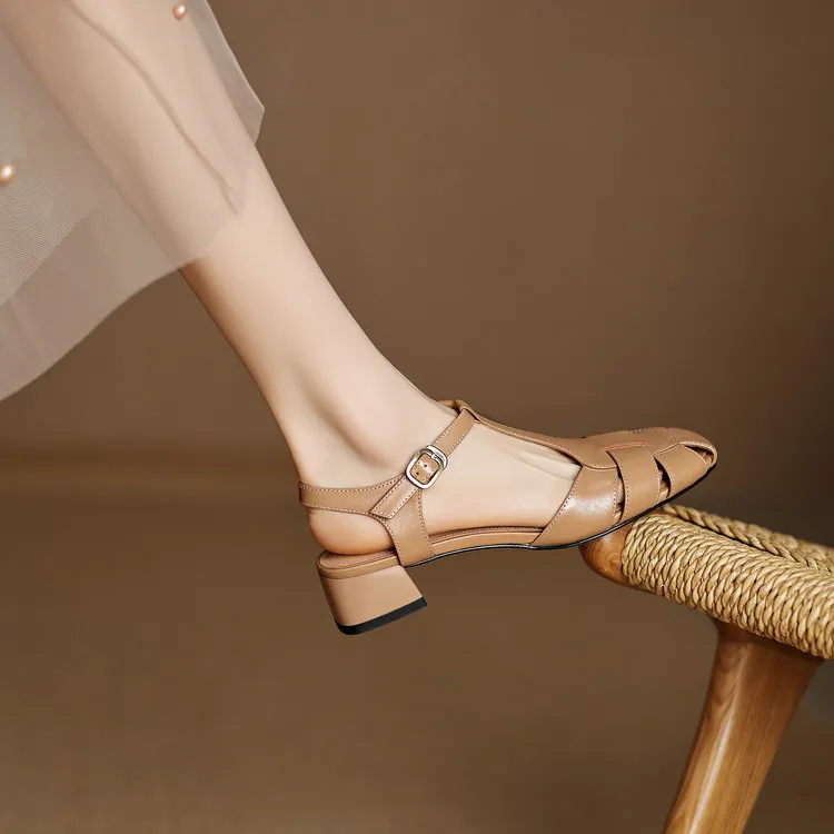 Summer sandals, round toe, chunky heel, high heel, buckle, fashion leather women's shoes, 3-12q