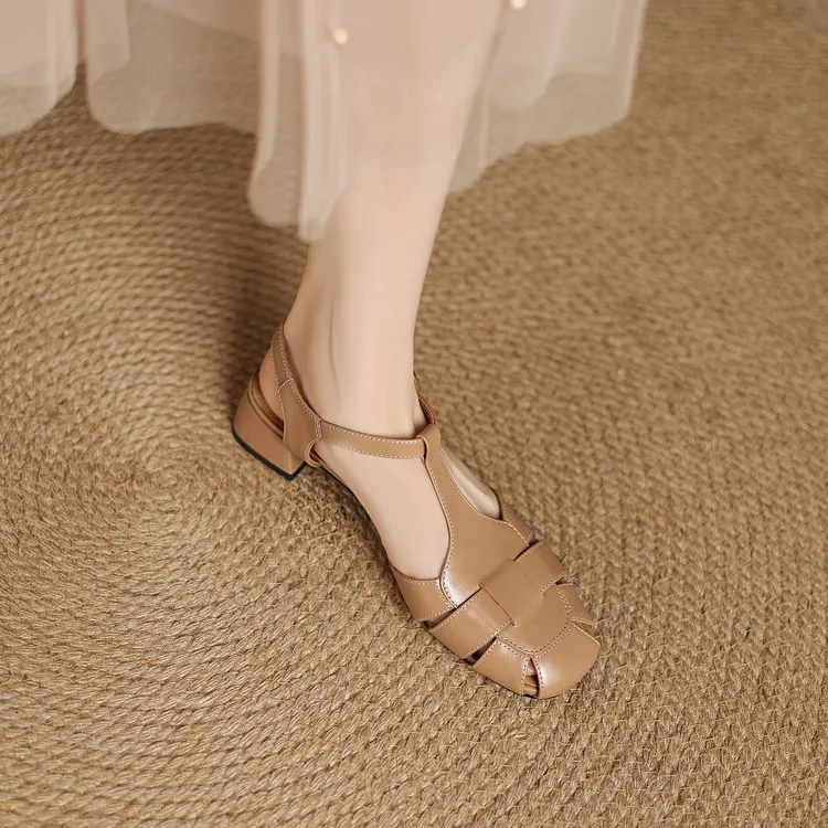 Summer sandals, round toe, chunky heel, high heel, buckle, fashion leather women's shoes, 3-12q