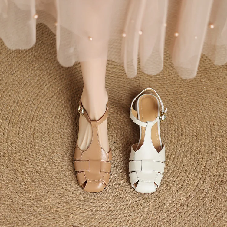 Summer sandals, round toe, chunky heel, high heel, buckle, fashion leather women's shoes, 3-12q
