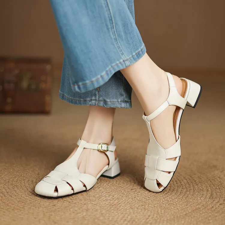 Summer sandals, round toe, chunky heel, high heel, buckle, fashion leather women's shoes, 3-12q