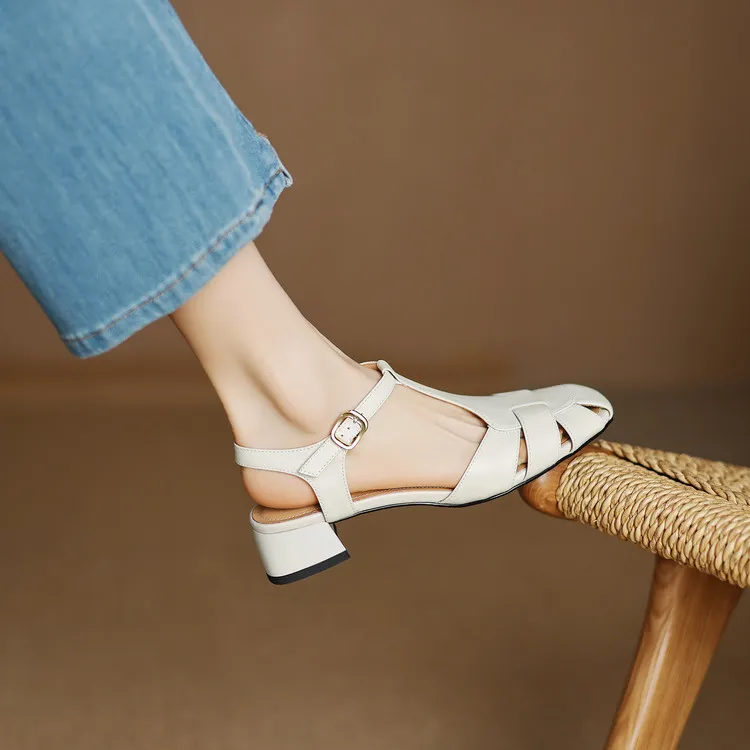 Summer sandals, round toe, chunky heel, high heel, buckle, fashion leather women's shoes, 3-12q