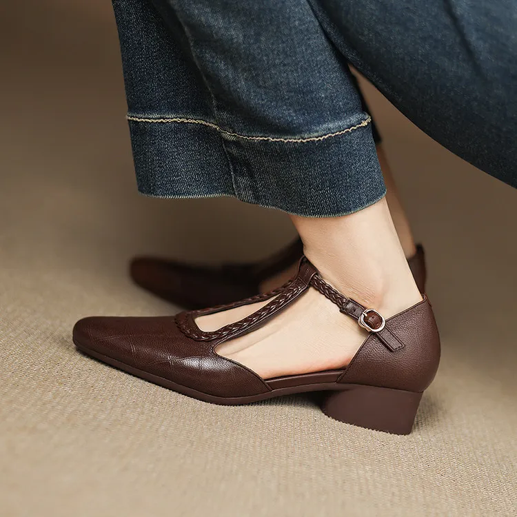 Summer style sheepskin sandals, closed toe, chunky heel, high heel, buckle, open-toe fashion women's shoes 3-12a