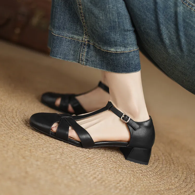 Summer sandals, chunky heel, low heel, buckle, fashion women's shoes, 3-12s