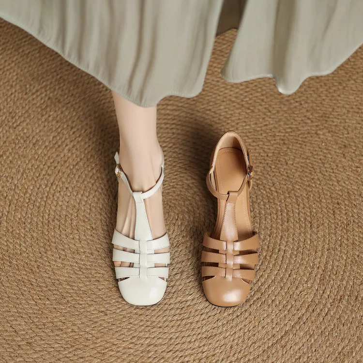 Summer sandals, round toe, chunky heel, mid-heel, buckle, fashion women's shoes, 3-12r