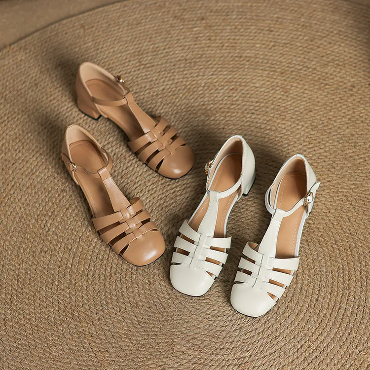 Summer sandals, round toe, chunky heel, mid-heel, buckle, fashion women's shoes, 3-12r