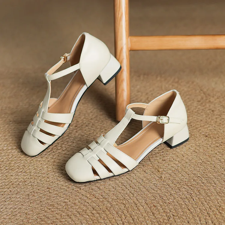 Summer sandals, round toe, chunky heel, mid-heel, buckle, fashion women's shoes, 3-12r