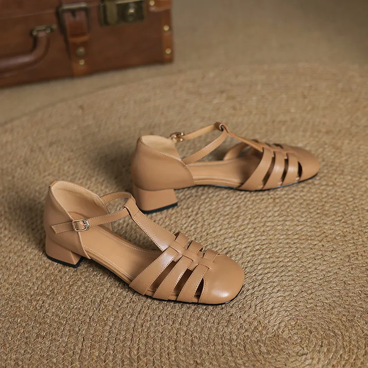 Summer sandals, round toe, chunky heel, mid-heel, buckle, fashion women's shoes, 3-12r