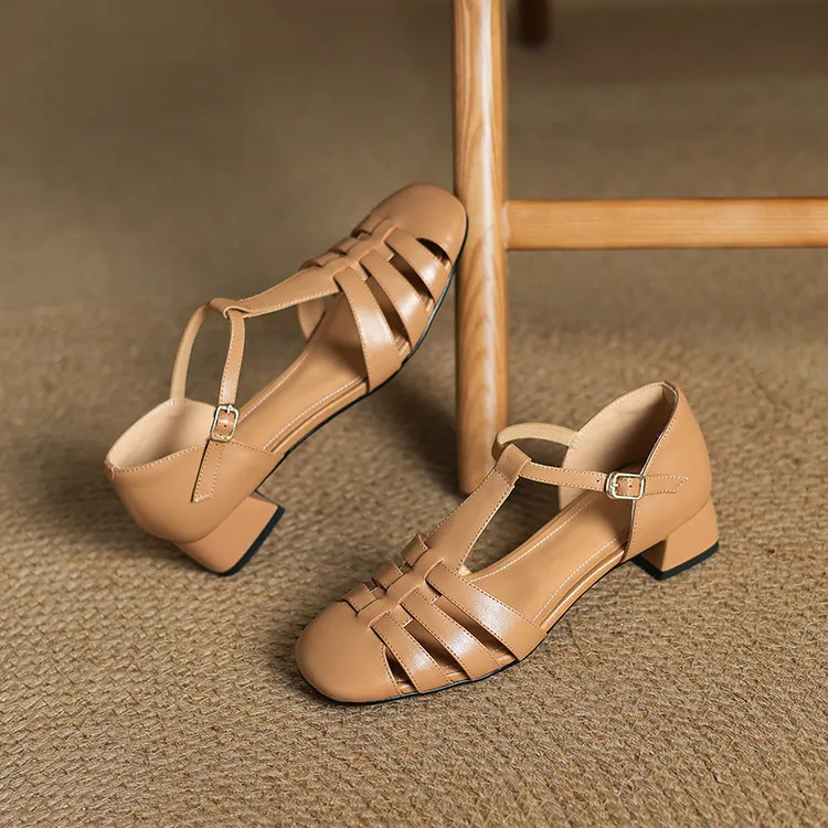 Summer sandals, round toe, chunky heel, mid-heel, buckle, fashion women's shoes, 3-12r