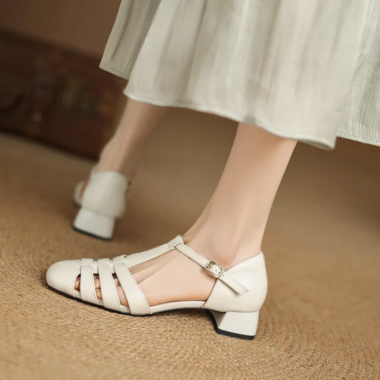 Summer sandals, round toe, chunky heel, mid-heel, buckle, fashion women's shoes, 3-12r