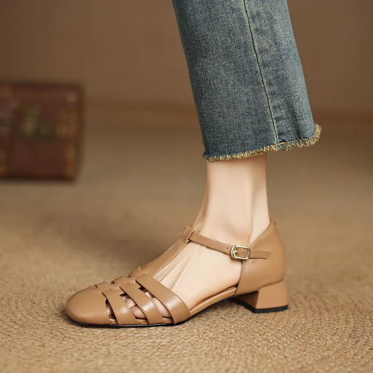 Summer sandals, round toe, chunky heel, mid-heel, buckle, fashion women's shoes, 3-12r
