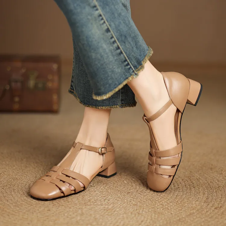 Summer sandals, round toe, chunky heel, mid-heel, buckle, fashion women's shoes, 3-12r