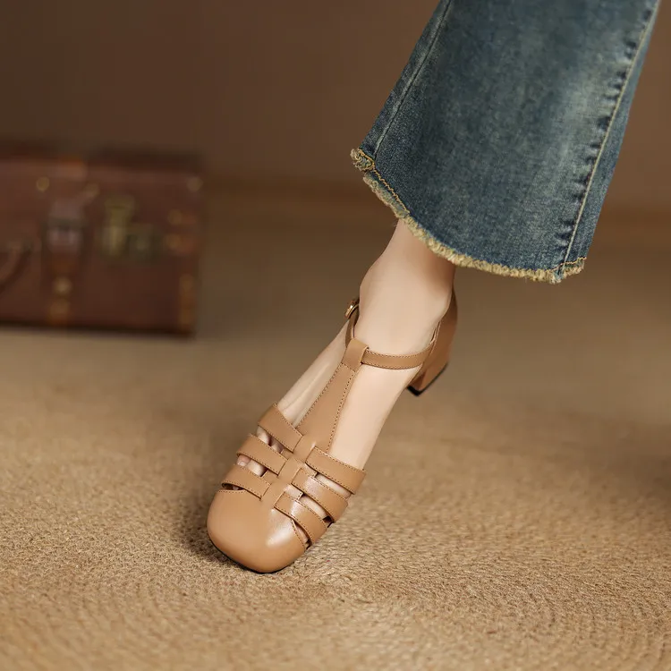 Summer sandals, round toe, chunky heel, mid-heel, buckle, fashion women's shoes, 3-12r
