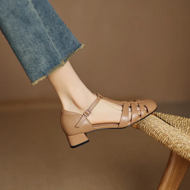 Summer sandals, round toe, chunky heel, mid-heel, buckle, fashion women's shoes, 3-12r