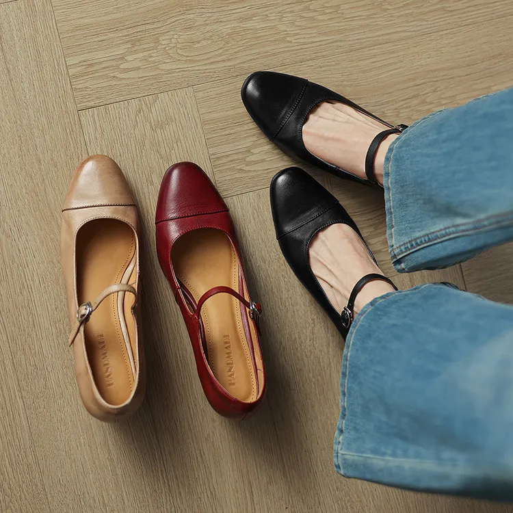 Spring single shoes, round toe, buckle, chunky heel, high heel, cowhide fashion women's shoes, 3-14t