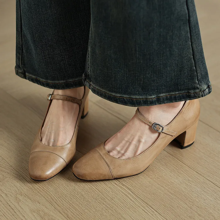 Spring single shoes, round toe, buckle, chunky heel, high heel, cowhide fashion women's shoes, 3-14t