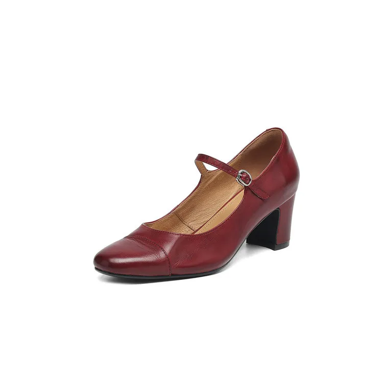 Spring single shoes, round toe, buckle, chunky heel, high heel, cowhide fashion women's shoes, 3-14t