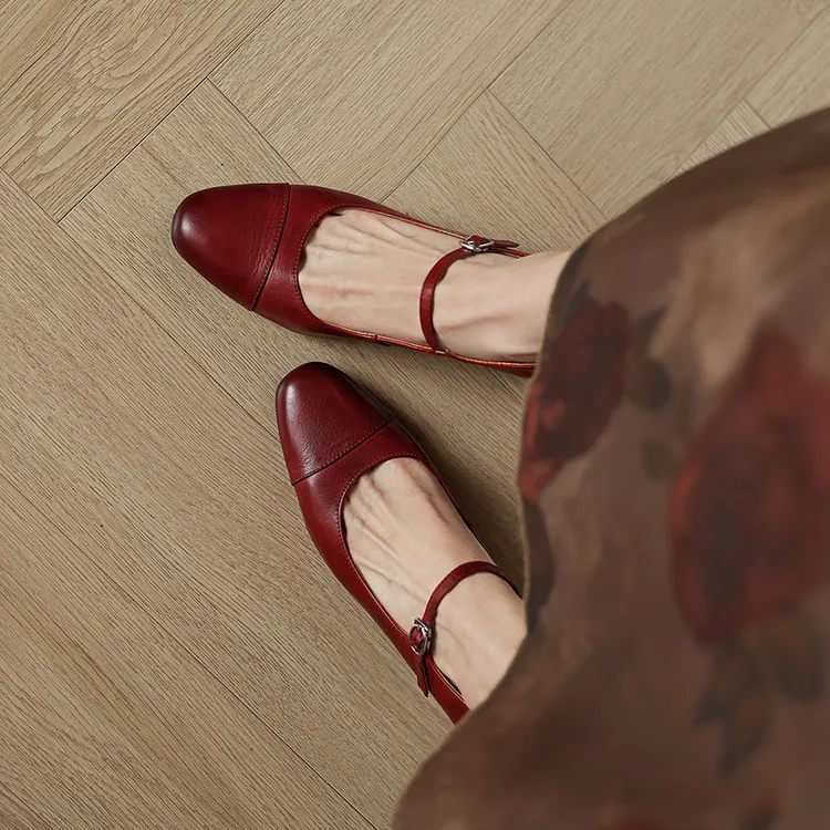 Spring single shoes, round toe, buckle, chunky heel, high heel, cowhide fashion women's shoes, 3-14t