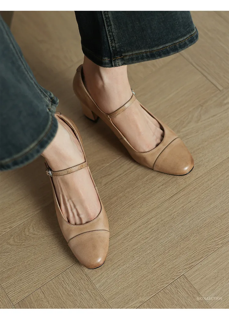Spring single shoes, round toe, buckle, chunky heel, high heel, cowhide fashion women's shoes, 3-14t
