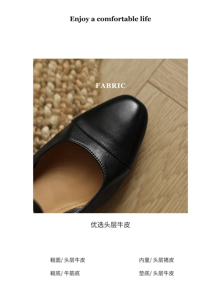 Spring single shoes, round toe, buckle, chunky heel, high heel, cowhide fashion women's shoes, 3-14t