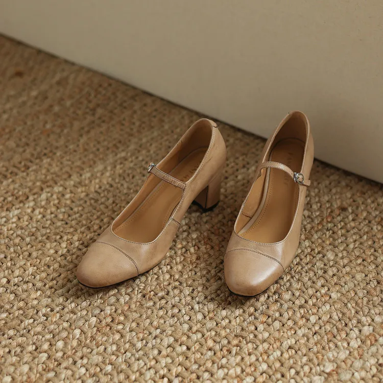 Spring single shoes, round toe, buckle, chunky heel, high heel, cowhide fashion women's shoes, 3-14t