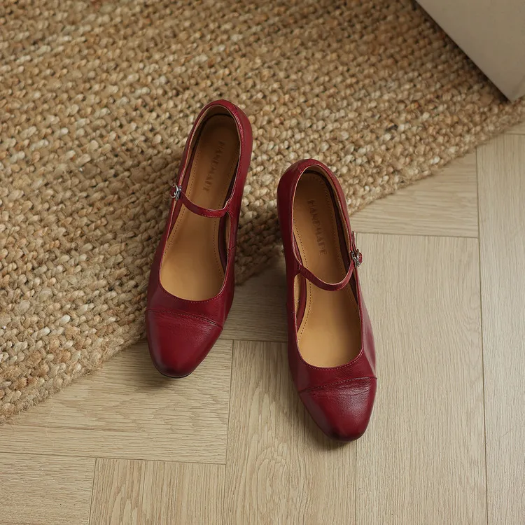 Spring single shoes, round toe, buckle, chunky heel, high heel, cowhide fashion women's shoes, 3-14t