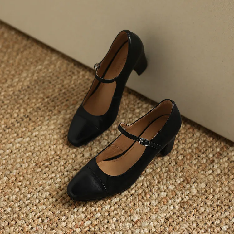 Spring single shoes, round toe, buckle, chunky heel, high heel, cowhide fashion women's shoes, 3-14t