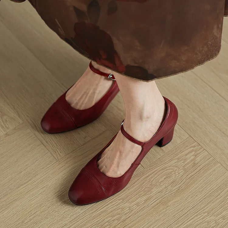 Spring single shoes, round toe, buckle, chunky heel, high heel, cowhide fashion women's shoes, 3-14t