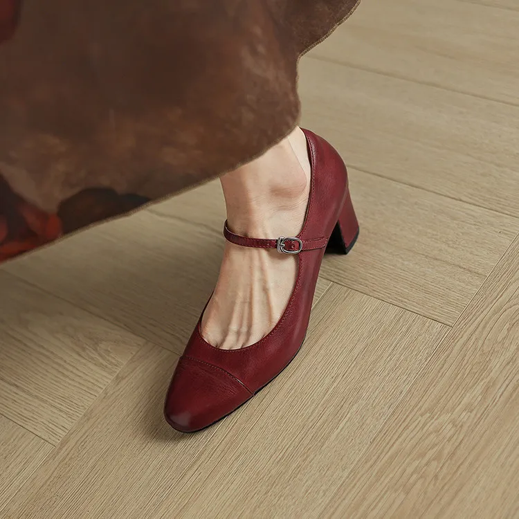 Spring single shoes, round toe, buckle, chunky heel, high heel, cowhide fashion women's shoes, 3-14t