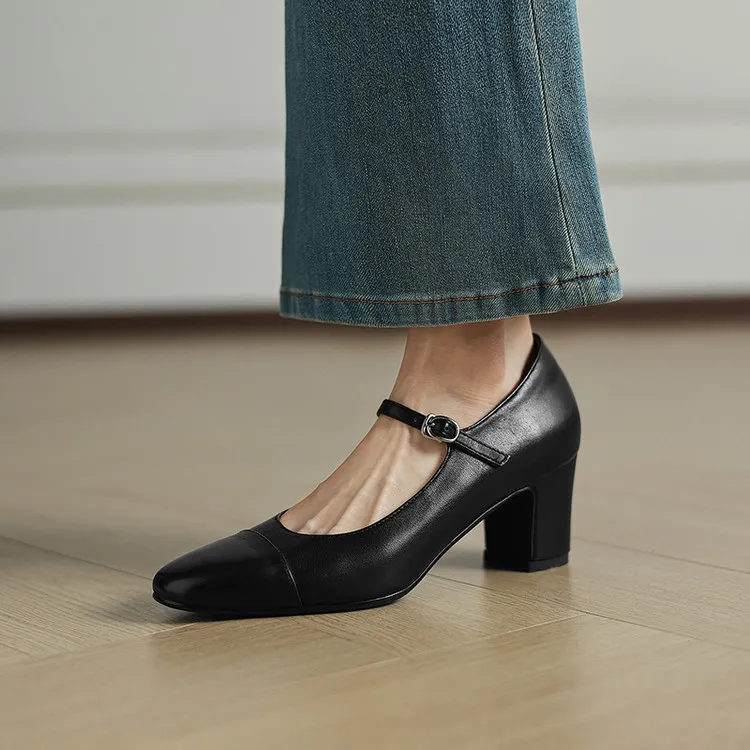 Spring single shoes, round toe, buckle, chunky heel, high heel, cowhide fashion women's shoes, 3-14t