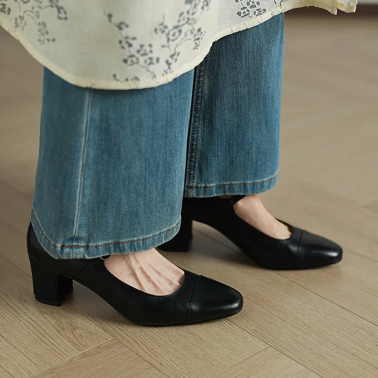 Spring single shoes, round toe, buckle, chunky heel, high heel, cowhide fashion women's shoes, 3-14t