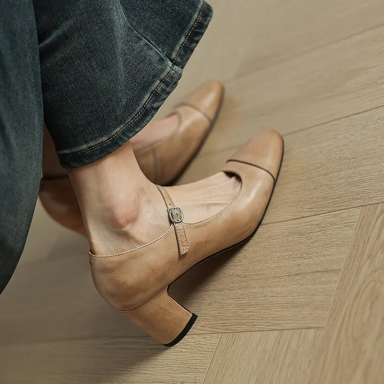 Spring single shoes, round toe, buckle, chunky heel, high heel, cowhide fashion women's shoes, 3-14t