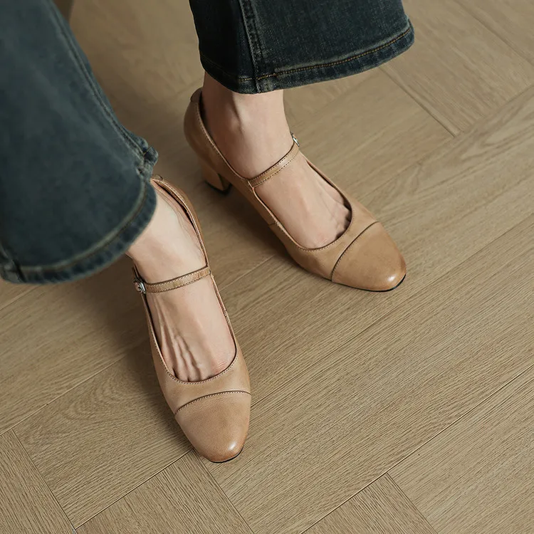 Spring single shoes, round toe, buckle, chunky heel, high heel, cowhide fashion women's shoes, 3-14t