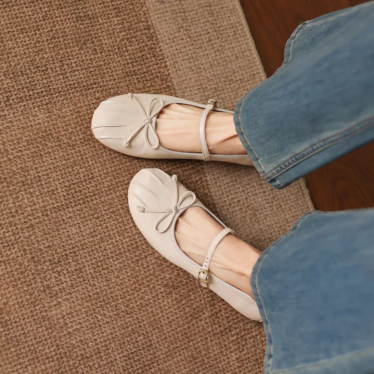 Spring single shoes, round toe, flat, buckle, slip-on sheepskin women's shoes, 3-12j