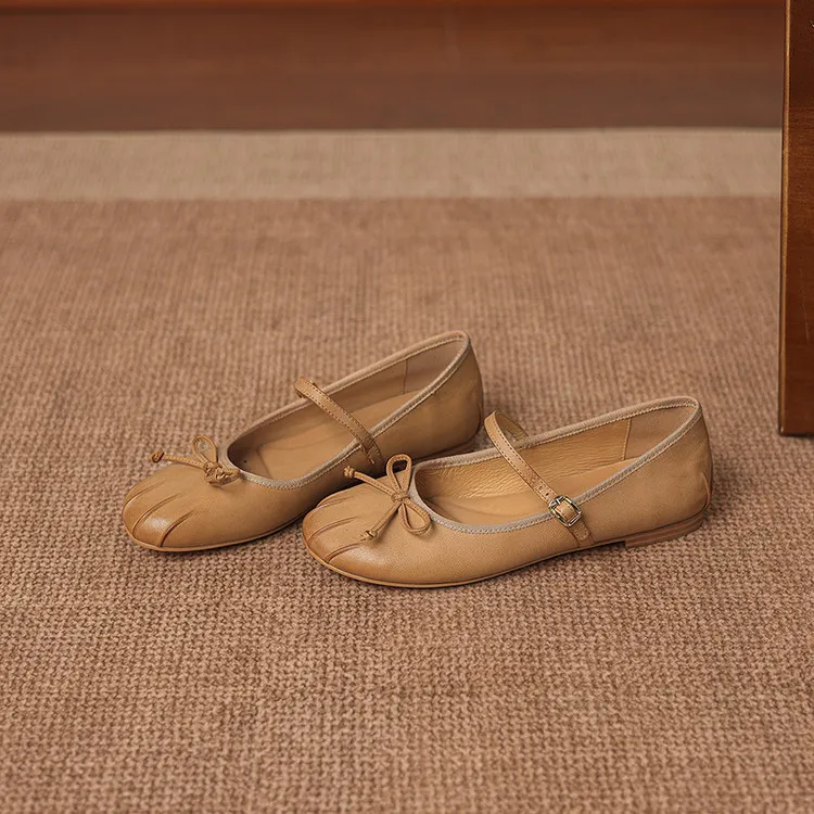 Spring single shoes, round toe, flat, buckle, slip-on sheepskin women's shoes, 3-12j